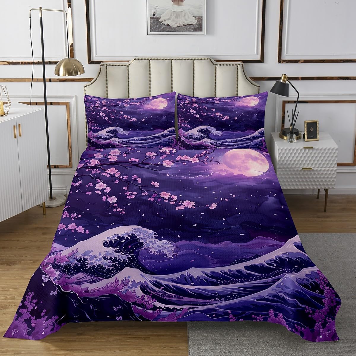 Erosebridal Purple Cherry Blossom Bedspread Set Queen,Violet Japanese Style Coverlet Sets,Ocean Waves Moon Bedding Set,Marine Coastal Nautical Theme Room Decor with 2 Pillow Cases