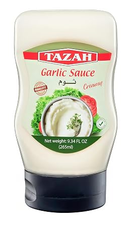 Tazah Lebanese Garlic Sauce 9.34 Fl Oz Squeezable Bottle Authentic Middle Eastern Creamy Garlic Dressing Great for Shawarma Falafel & More  Toum