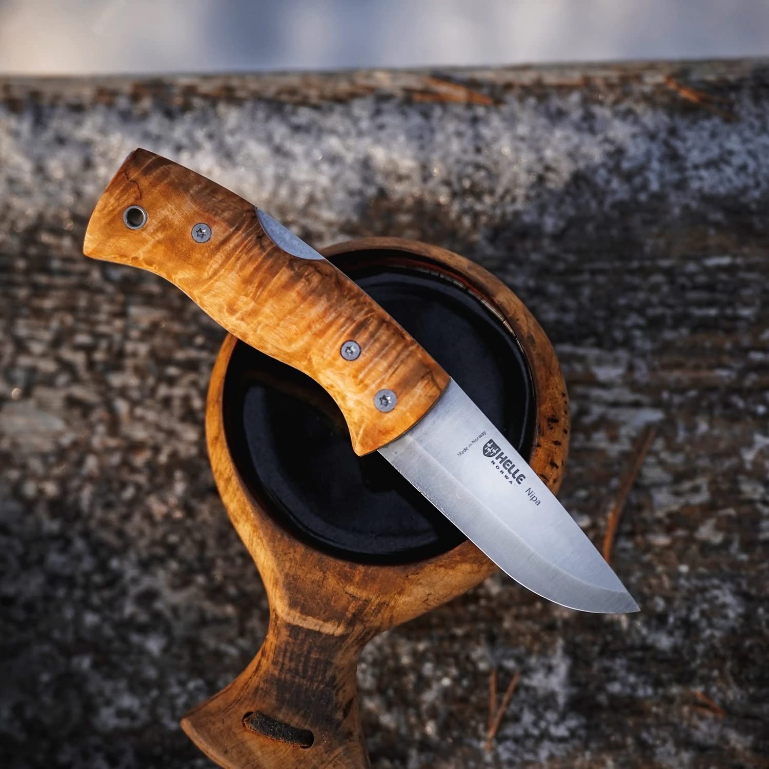 HELLE Knives - Nipa - Taschenmesser mit Clip - EDC Klappmesser mit Curly Birkenholz Griff, Scandi Grind