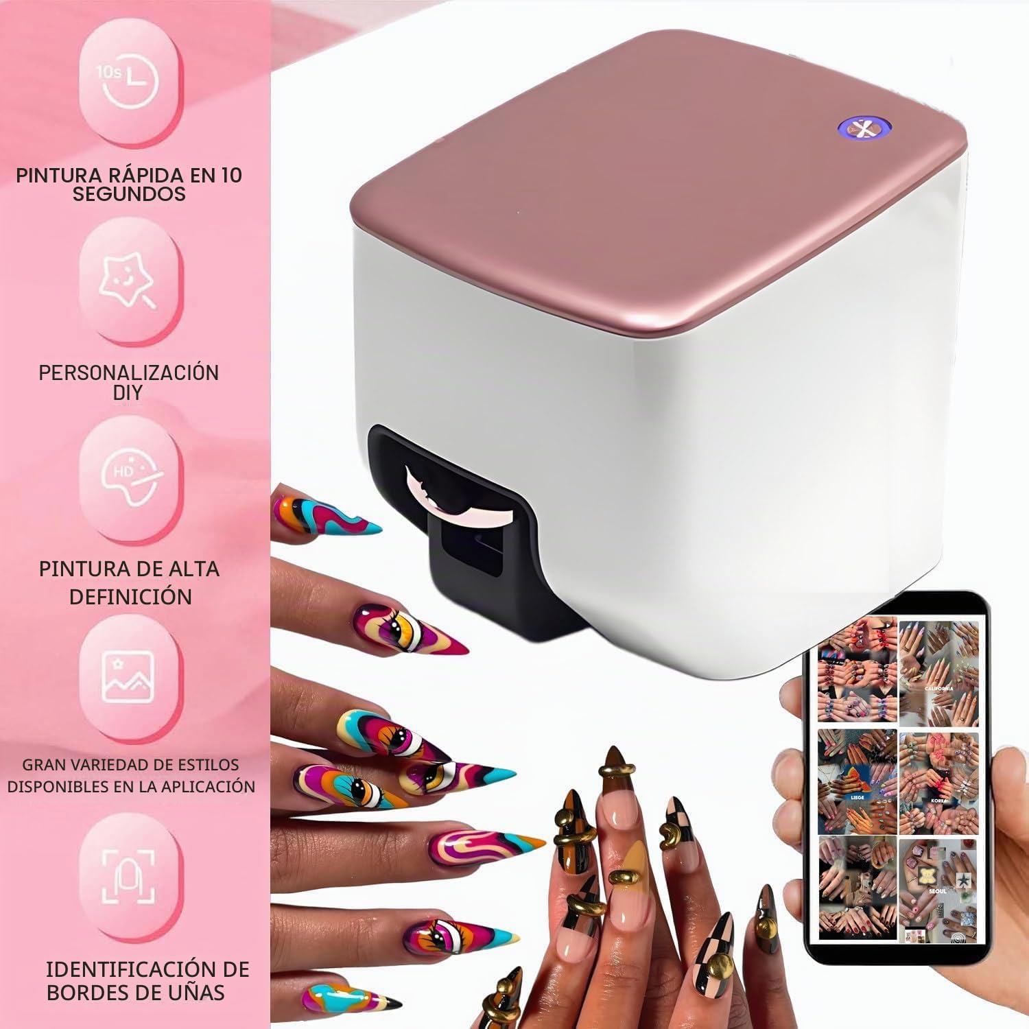Impresora 3D para decoración de uñas, máquina de impresión de uñas DIY con control de aplicación, alta resolución de 4800 ppp, reconocimiento automático de forma de uñas y dibujo rápido 10S