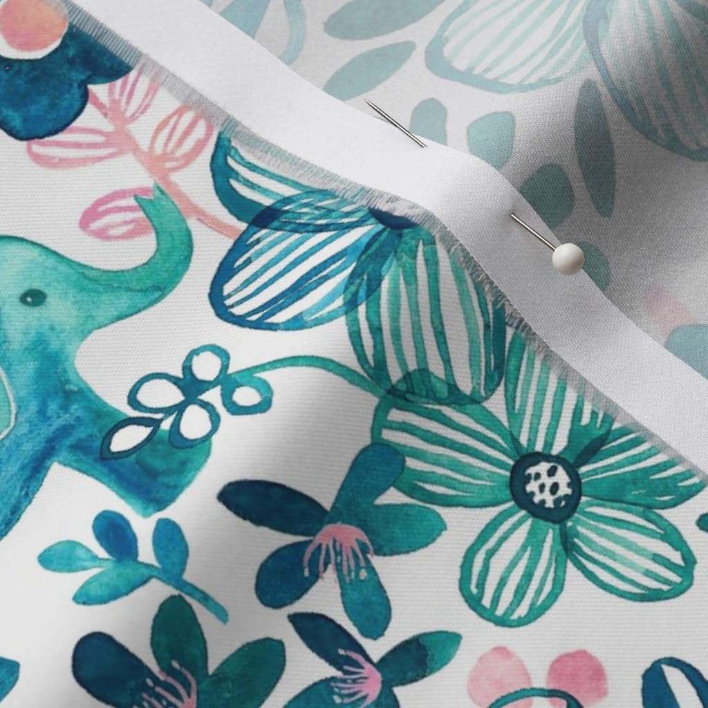 Spoonflower Fabric - Little Teal Elephant Watercolor Floral White Pink Animal Kids Printed on Organic Cotton Sateen Fabric by The Yard - Sewing Quilting Apparel Home Decor