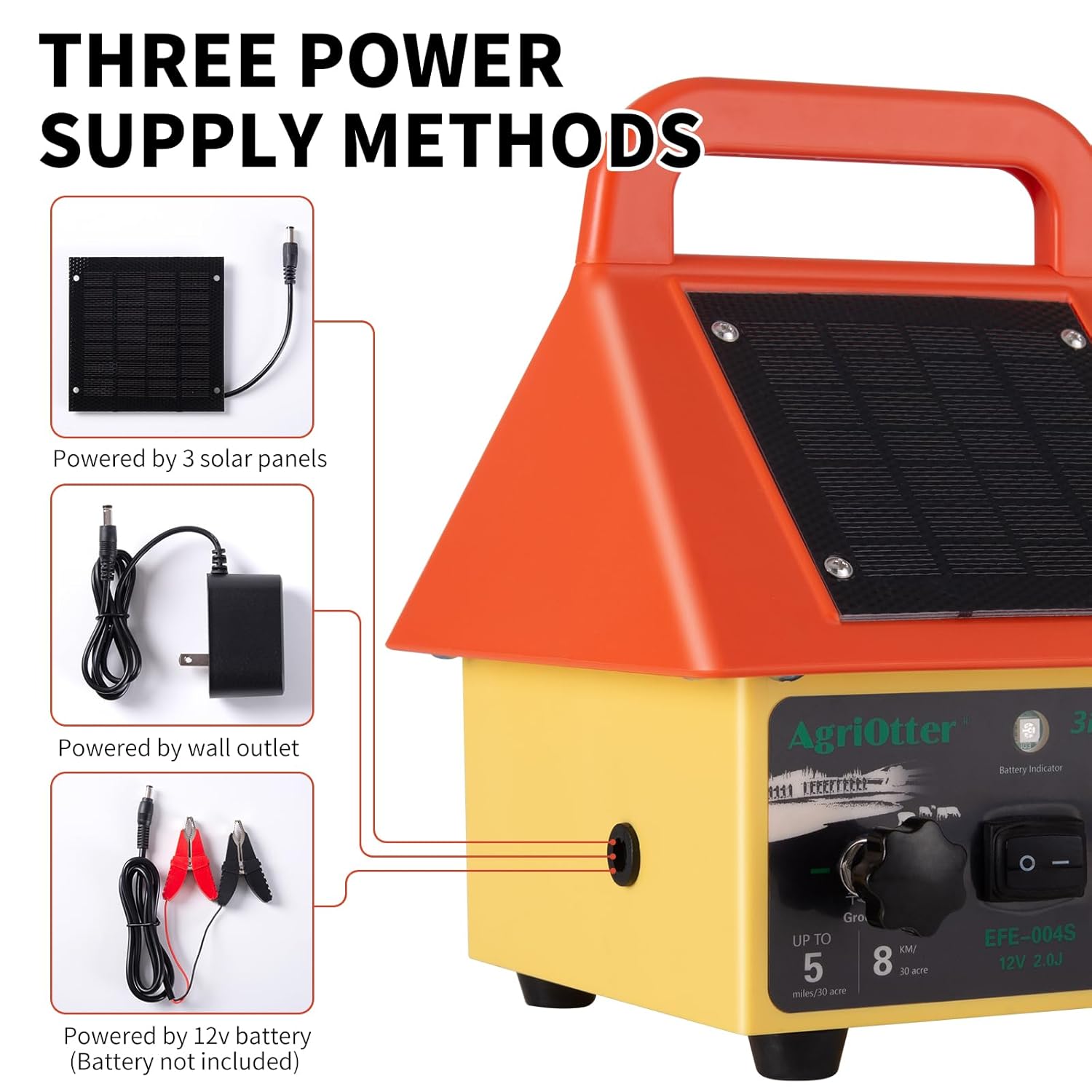 24 Hour Solar Electric Fence Charger,3-in-1 Electric Fence Charger,20 Miles,Solar/BatteryAC Powered Waterproof Design for Livestock Wildlife Control & Property Protection