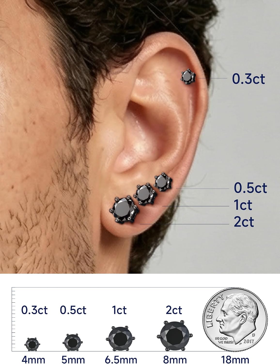 MomentWish Black Moissanite Stud Earrings, Moissanite Earrings for Women Men, D Color VVS1 Simulated Diamond 925 Sterling Silver Solitaire/Halo Studs