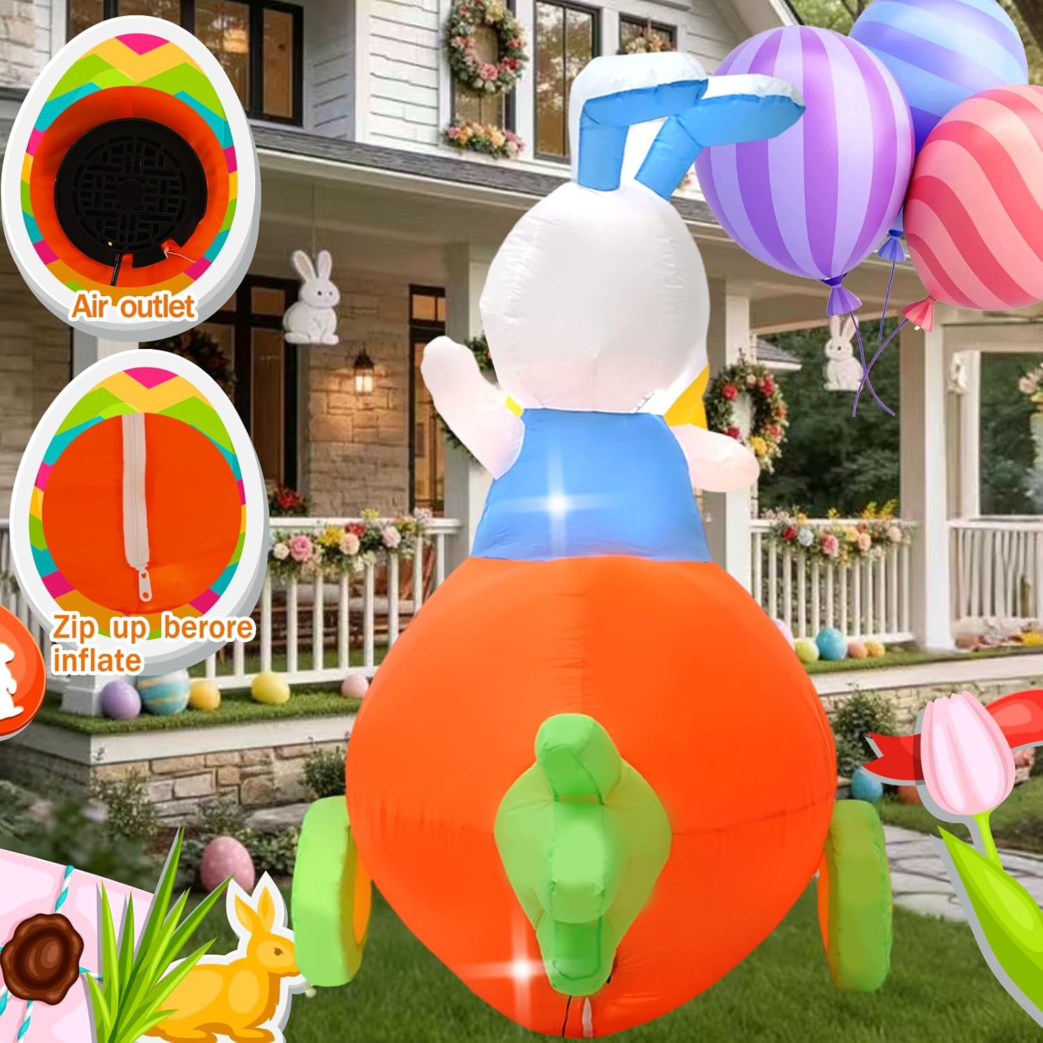 8FT Easter Outdoor Inflatable Decoration, Bunny and Chicken on Carrot Motorcycle, Easter Blow Up Yard Decoration, Suitable for Indoor and Outdoor Garden Lawn Holiday Party Decoration