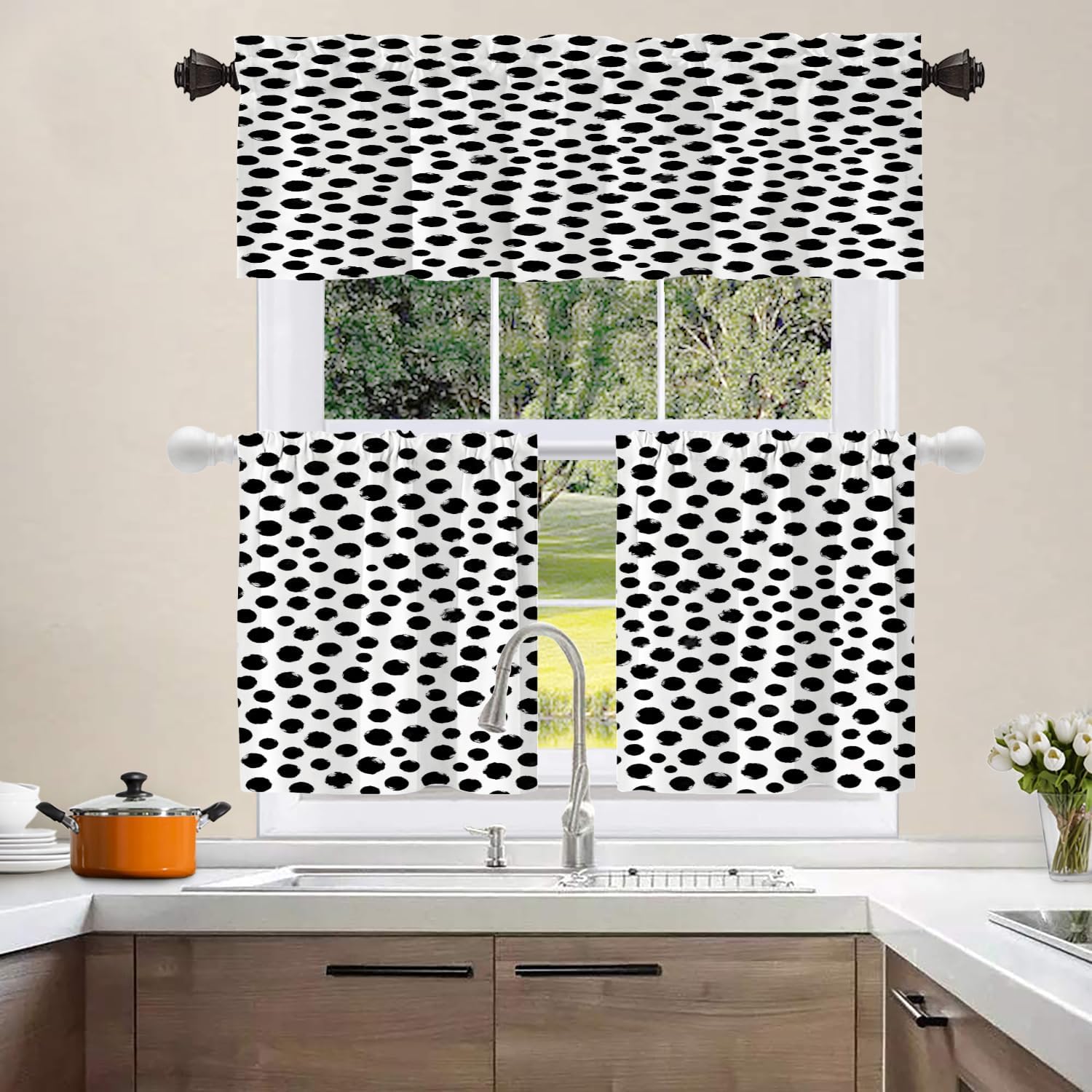 Shrahala Black Polka Dot Kitchen Valances, White Abstract Circle Pastel Green Modern Half Window Curtain Window Treatment Multilayer Polyester Blackout for Living Room Bathroom 2 Pack 52 x 16 in