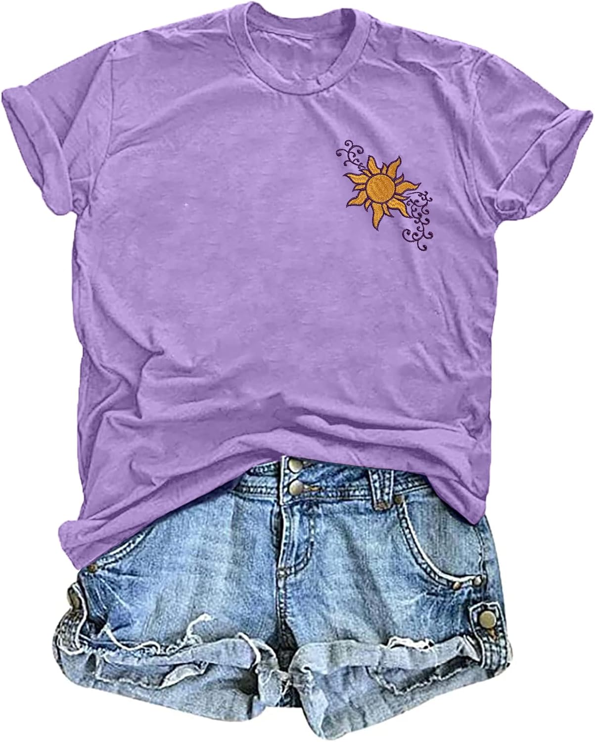 LOTUCY Women's Magic Sun Print T-Shirt - Cute Embroidered Sunshine Graphic Tee for Summer Vacations & Casual Wear
