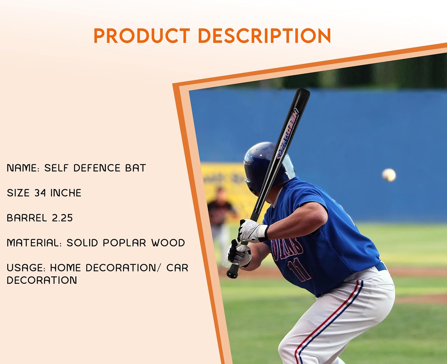 34 Inch Self Defense Baseball Bat Black Barrel & Black Grip Beech Wood/Poplar Wood/Solid Wood for Youth & Adult 20 oz & Barrel 2.25 Inches/only for Self Defense & Home Defense BY Naqqash Sports