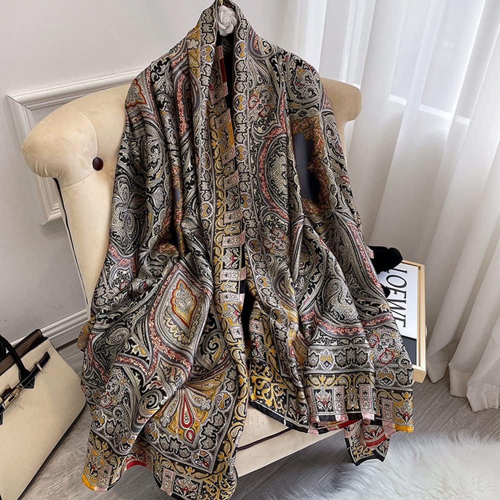 Silk Feeling Long Satin Scarf Fashion Beach Scarf Shawl Check Style Sunscreen Shawls Wraps-Lightweight Pattern - Image 3