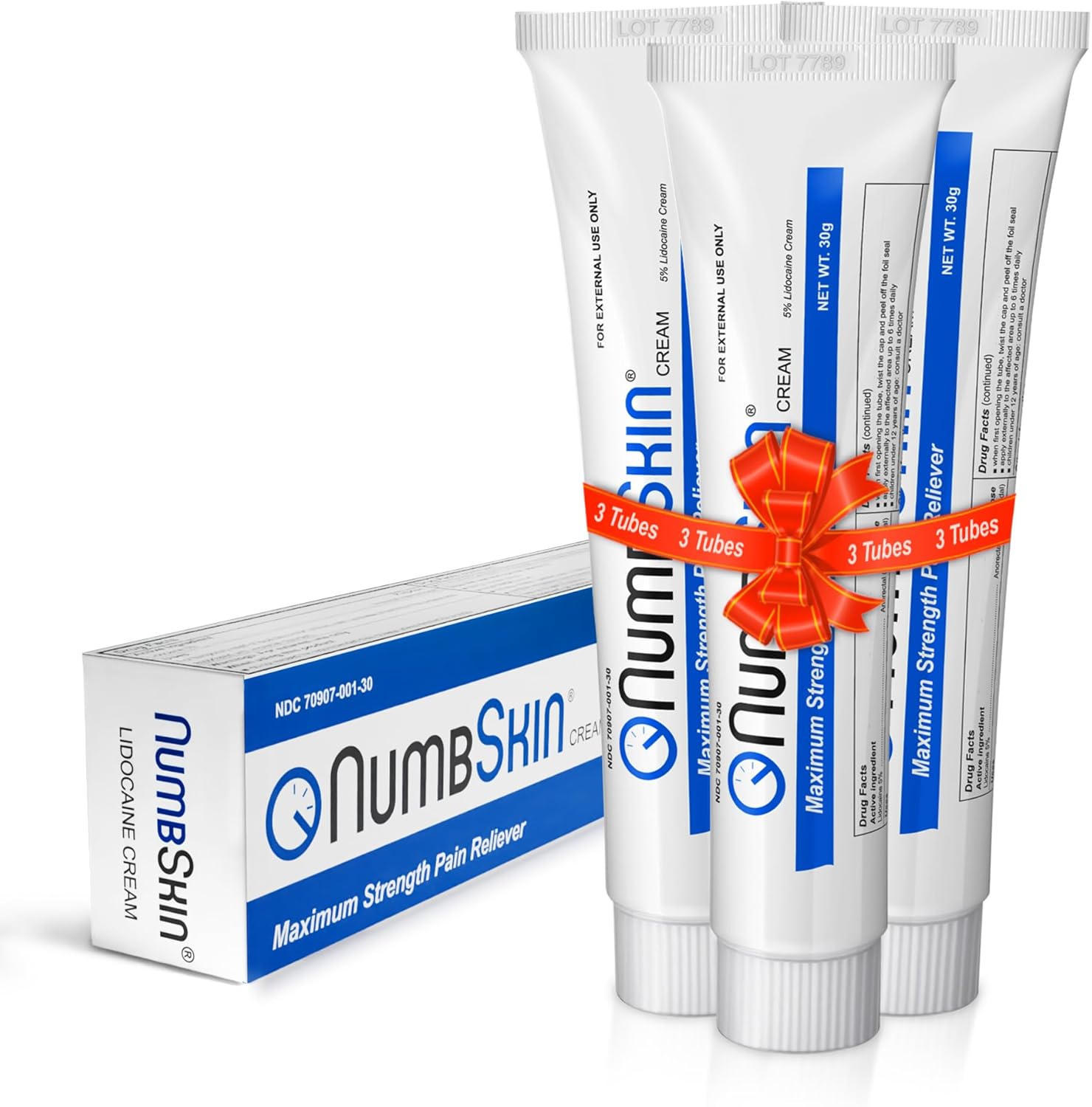 Numbskin Tattoo Numbing Cream - 5% Lidocaine Topical Anesthetic Cream, Maximum Strength, Fast Acting, Pain Relieving, Nonprescription Numbing Cream with Vitamin E, 30g (3 Tubes)