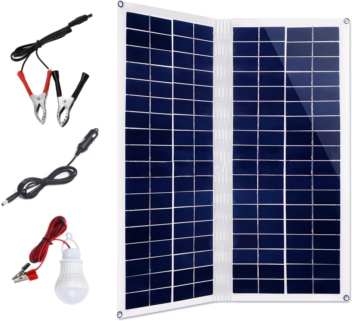 YTCYKJ 30W 12V ソーラーパネル 多結晶 折りたたみ式 ダブルUSBポート IP65防水 LED電球付き ボータブル 超薄型 ソーラーパネル 高発電効率 太陽光発電 住宅 キャンピングカー 船舶 テント アウトドア 防災 停電用 自動車バッテリー充電可能