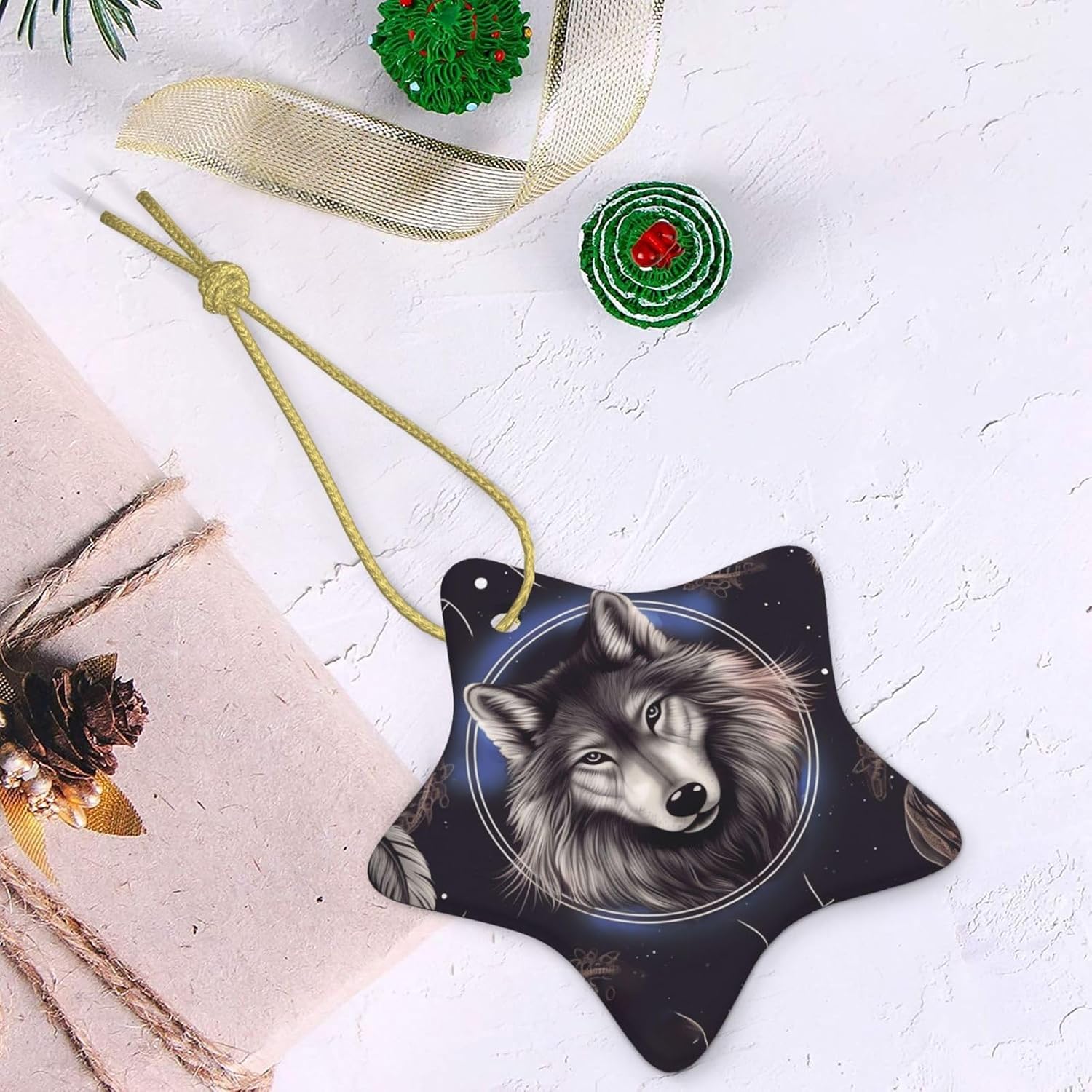 Christmas Ornaments Pentagram Ceramic Ornaments Wolves and Dream Catchers Christmas Tree Ceramic Hanging Christmas Hanging Decorations Xmas Tree Ceramic Ornament for Halloween