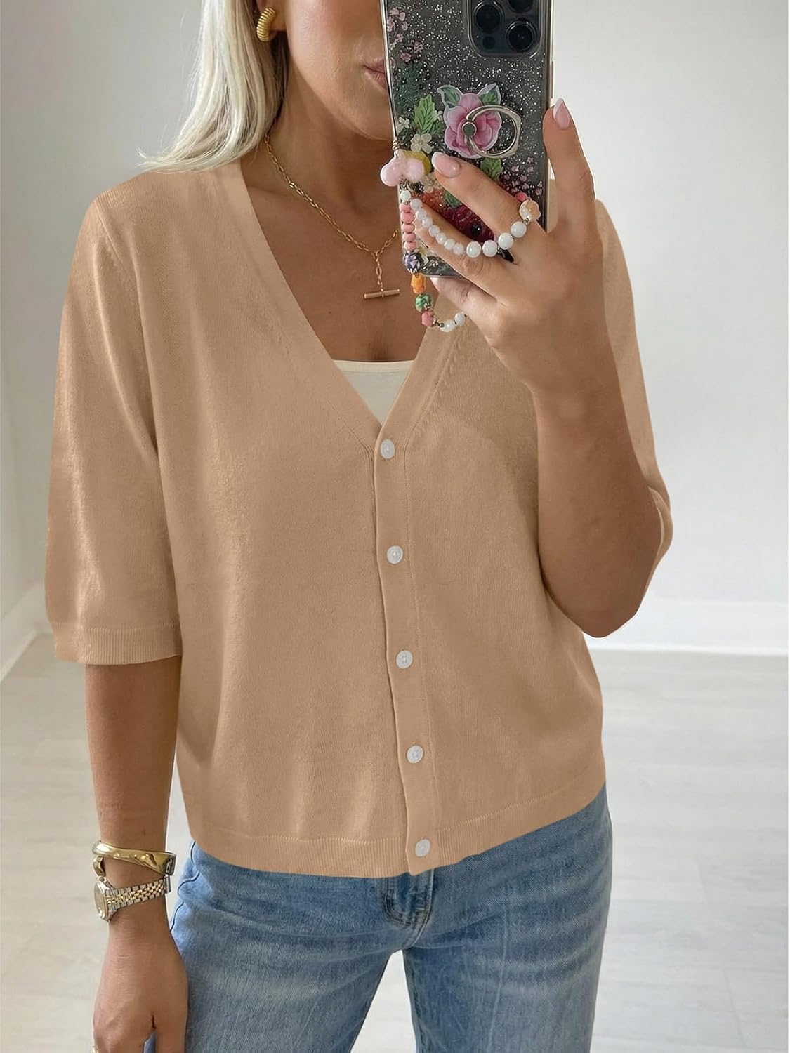 Saodimallsu Womens Half Short Sleeve Cardigans Summer Lightweight Knit V Neck Button Down Casual Sweater Tops - Image 2