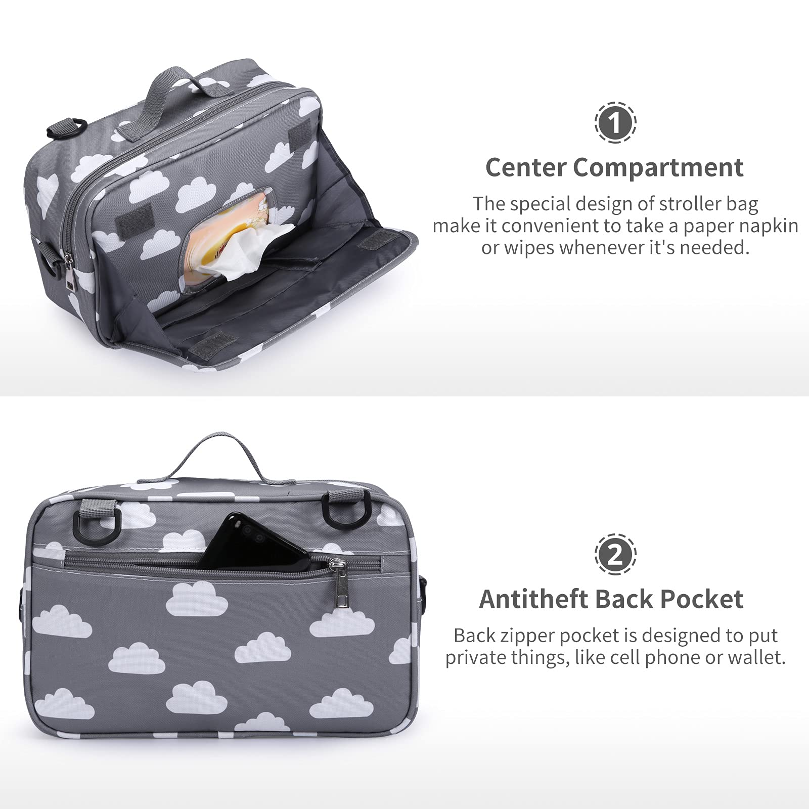 Rutschfester Kinderwagen-Organizer für Windeln mit isolierter Tasche, Kinderwagenhaken und verstellbarem Gurt, universell passend für alle Kinderwagen, Grau