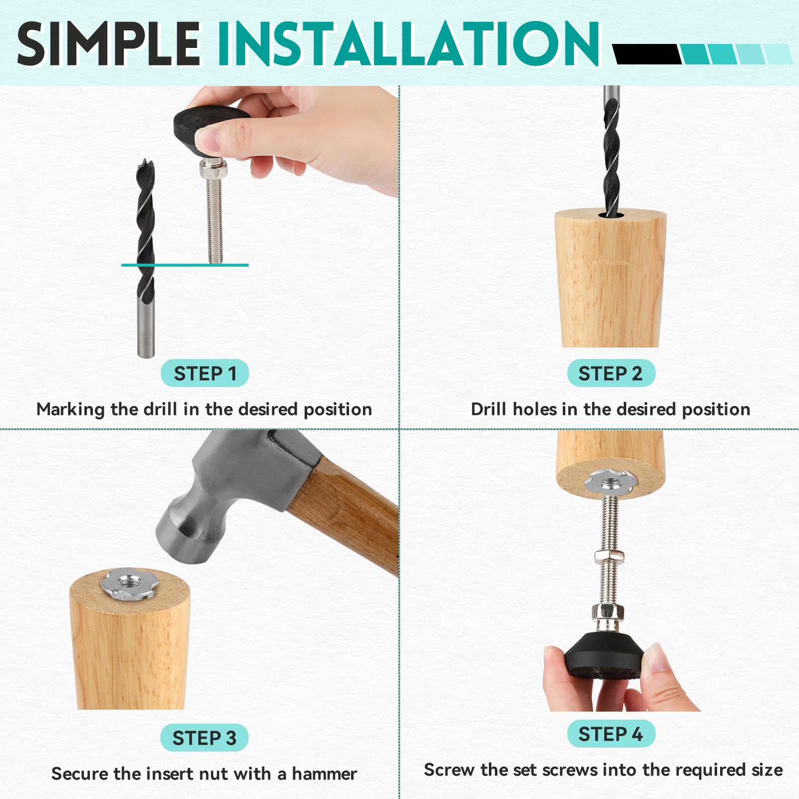 9-teiliges Set Verstellbare Möbelfüße M8 - Höhenverstellbar 13-60mm Mit Holzbohrer