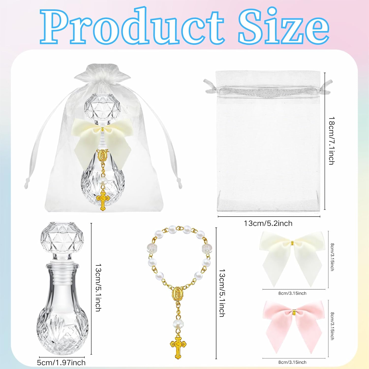 12 Set Holy Water Bottle Baptism Favors for Guests Recuerdos De Bautizo for Communion Christian Catholic Holy Bottle with Rosary Bow for Gifts Church Baptism Decor (A Color)