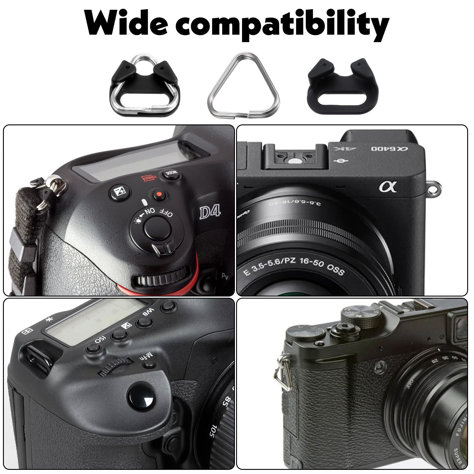Yuanchu 6 pièces Anneaux divisés en triangle en acier inoxydable, compatible avec l'adaptateur de sangle pour appareil photo, anneau à ergot avec bague en plastique pour sangle d'épaule pour appareil