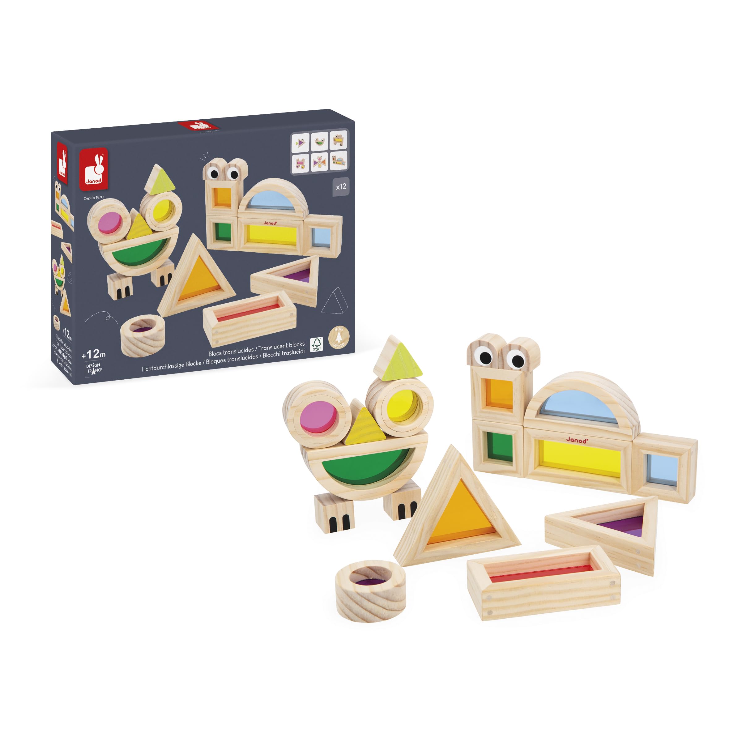 Janod - Bloc à Assembler en Bois - Jeu d'Eveil Sensoriel - 18 Blocs et 6 Cartes Modèles - Appentissage des Formes et Couleurs - Développe La Motricité Fine - Jouet en Bois - Dès 12 Mois - J05306