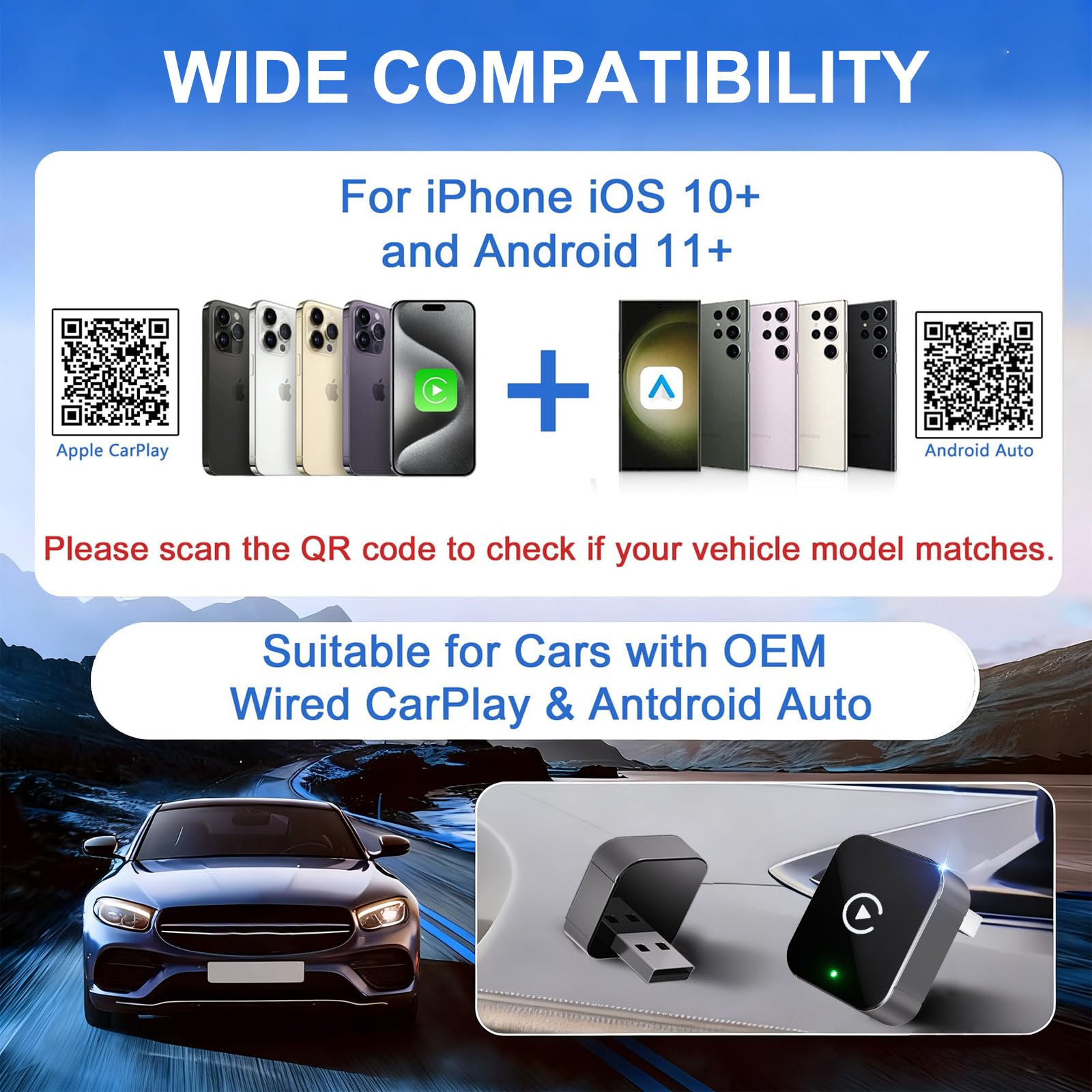 OVVOFPP Adaptateur CarPlay sans Fil Nouvelle édition 2026,2-in-1 Interface Type-C/USB,Connexion Rapide Stable,Compatible avec iOS 12+/Android 11+ et Les Véhicules Fabriqués Après 2016