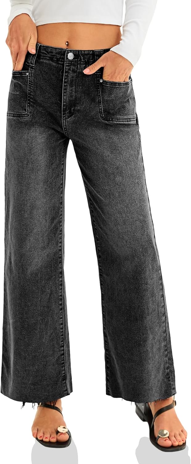 Cicy Bell Womens High Waisted Cropped Jeans Trendy Stretchy Baggy Straight Leg Raw Hem Capri Denim Pants - Image 4