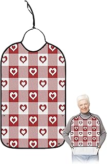 BOBOWUNY Valentines Day Adult Bibs for Elder Women Men Eating, Red White Plaid Love Heart Waterproof & Washable Bibs for Eating Clothing Protector Dining Bibs for Crumb Catcher