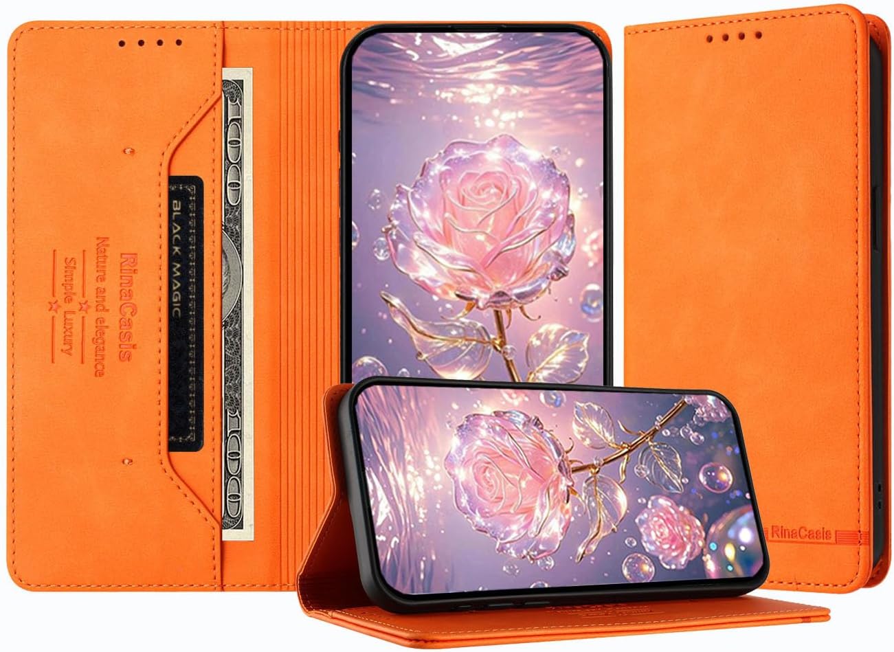 JZ Premium Magnetic Flip Wallet Case for TCL 50 NxtPaper / 50 Pro NxtPaer / 60 XE NxtPaper Case RFID Blocking, Shockproof, Wireless Charging Compatible - Orange