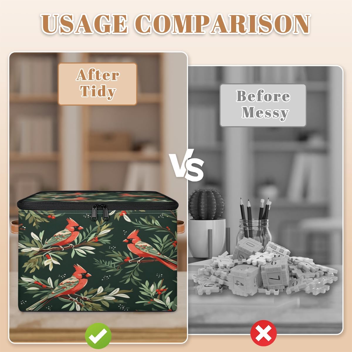 Storage Bin Set of 2 Holiday Christmas Birds Storage Basket with Zipper Lid & Handle Foldable Closet Shelf 2 Pack Cloth Organizer Basket Cube Bins for Bedroom, Nursery