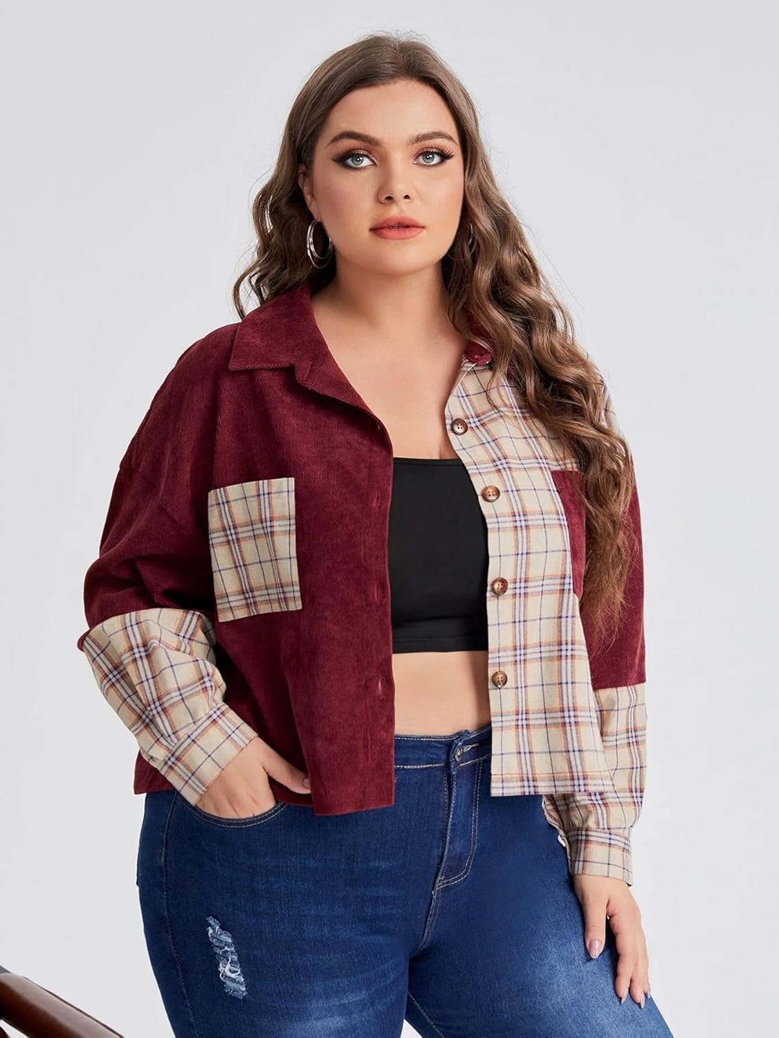 Plus Size Flannel Shirt Women Plaid Color Block Button Jacket Long Sleeve Fall Shirts for Women Casual Shacket - Image 3