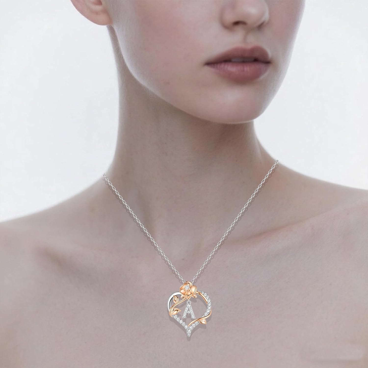Rose Heart Letter Initial Necklace for Women, S925 Sterling Silver Pendant Necklace Adjustable Dainty Rose Flower Jewelry Gift for Her - Image 3