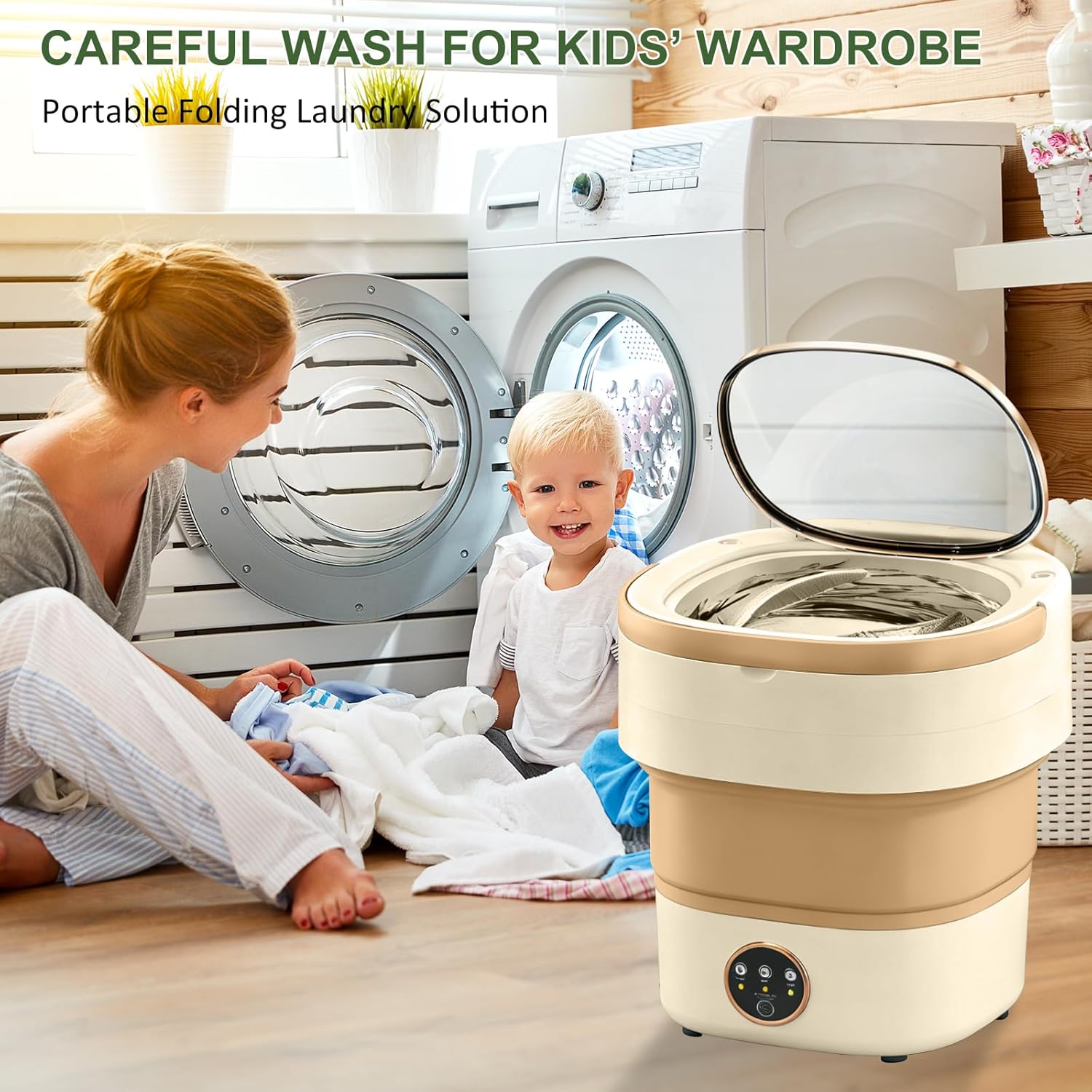 Portable Washing Machine 17L, Small Foldable Washer with Spin Basket, 3 Mode Deep Clean — Mini Laundry Machine for Travel, Dorms, Camping, Ideal for Baby Clothes, Underwear, Socks Beige