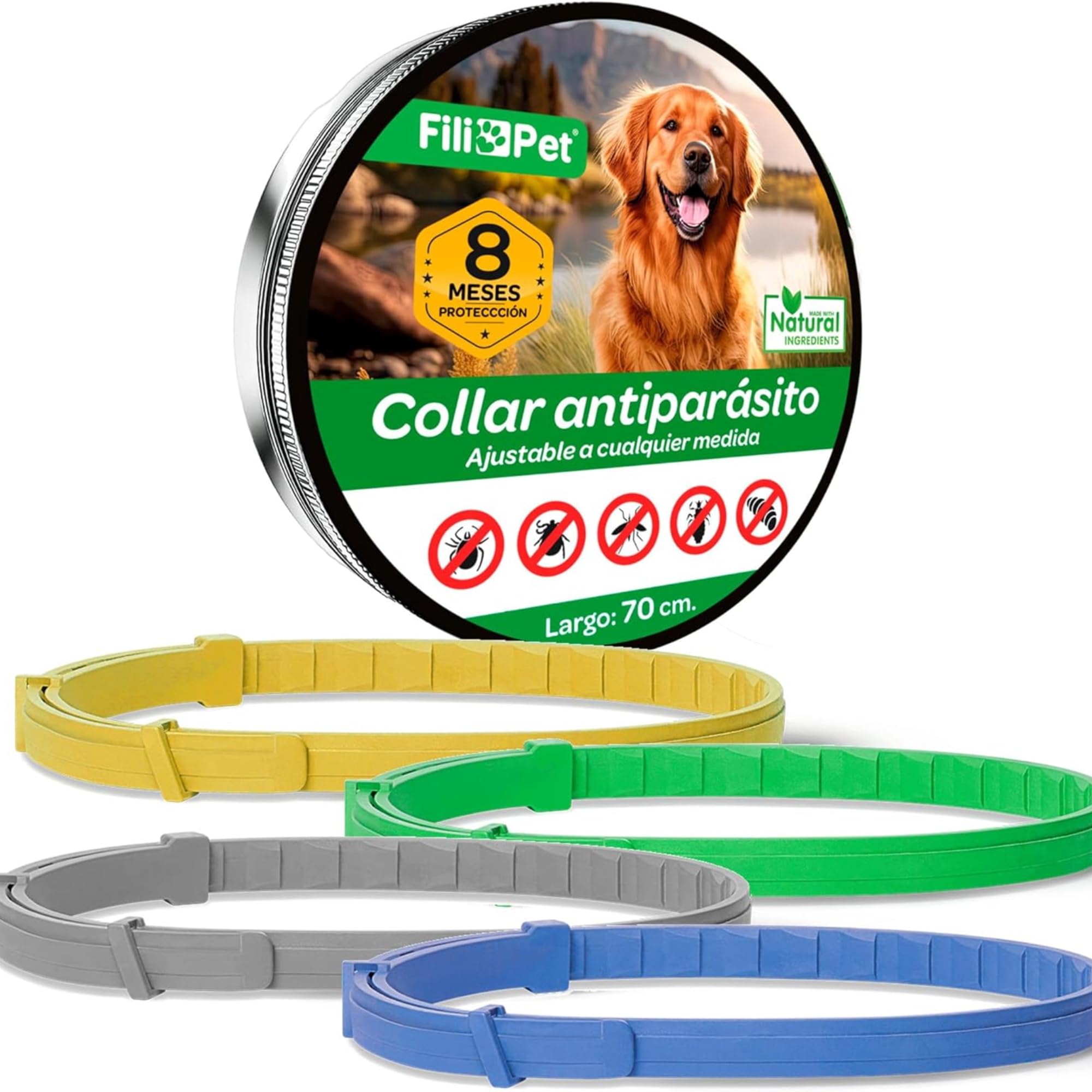 Collier Antiparasitaire pour Chiens, Gris, 70cm | Efficace contre Puces, Tiques, Moustiques et Poux, Résistant à l'Eau, Réglable, Protection de 8 Mois