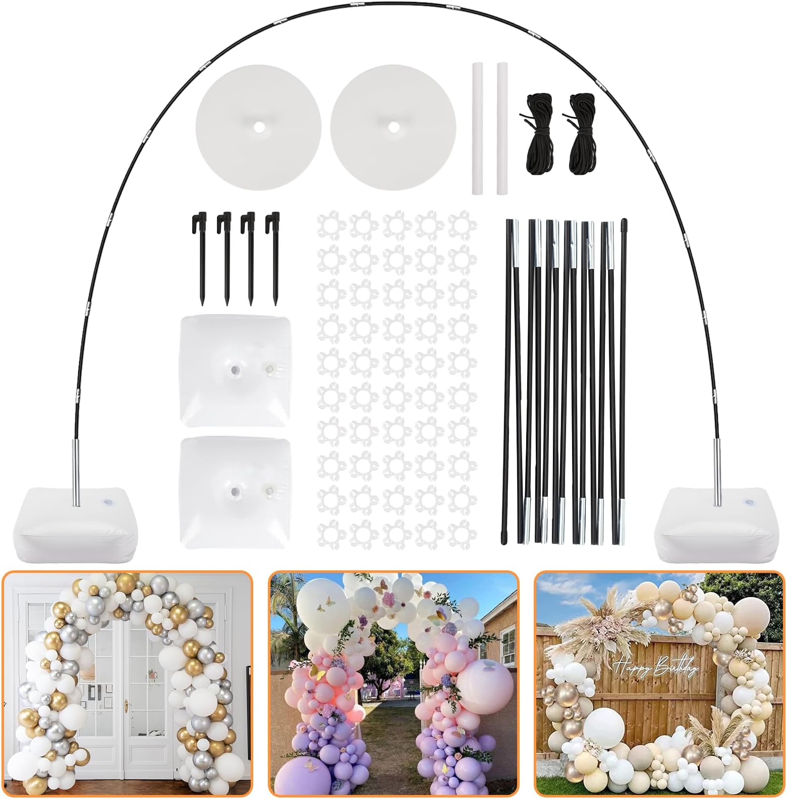 RUBFACBalloon Arch Kit, 8ft Tall & 9ft Wide Adjustable Balloon Arch Stand with 2 PVC Bases,2 Water Fillable Bags, 50pcs Balloon Clips for Wedding Birthday Party Baby Shower Supplies Decoration