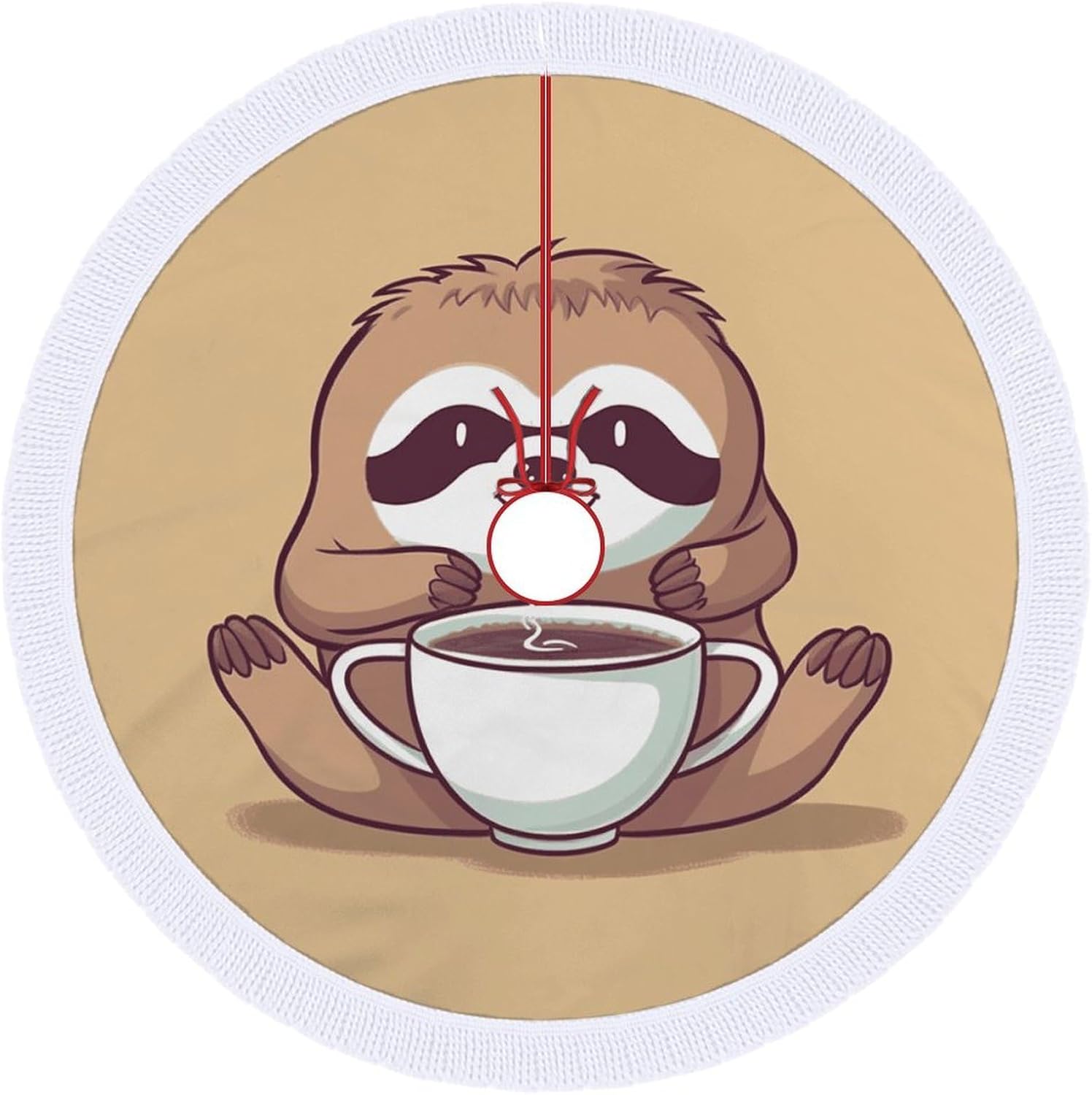 Christmas Tree Skirt – Yoga Sloth Coffee Xmas Tree Mat with Tassel for Farmhouse Holiday Decor, Winter Xmas Tree Collar for Indoor Outdoor Christmas Decorations 30″x30″