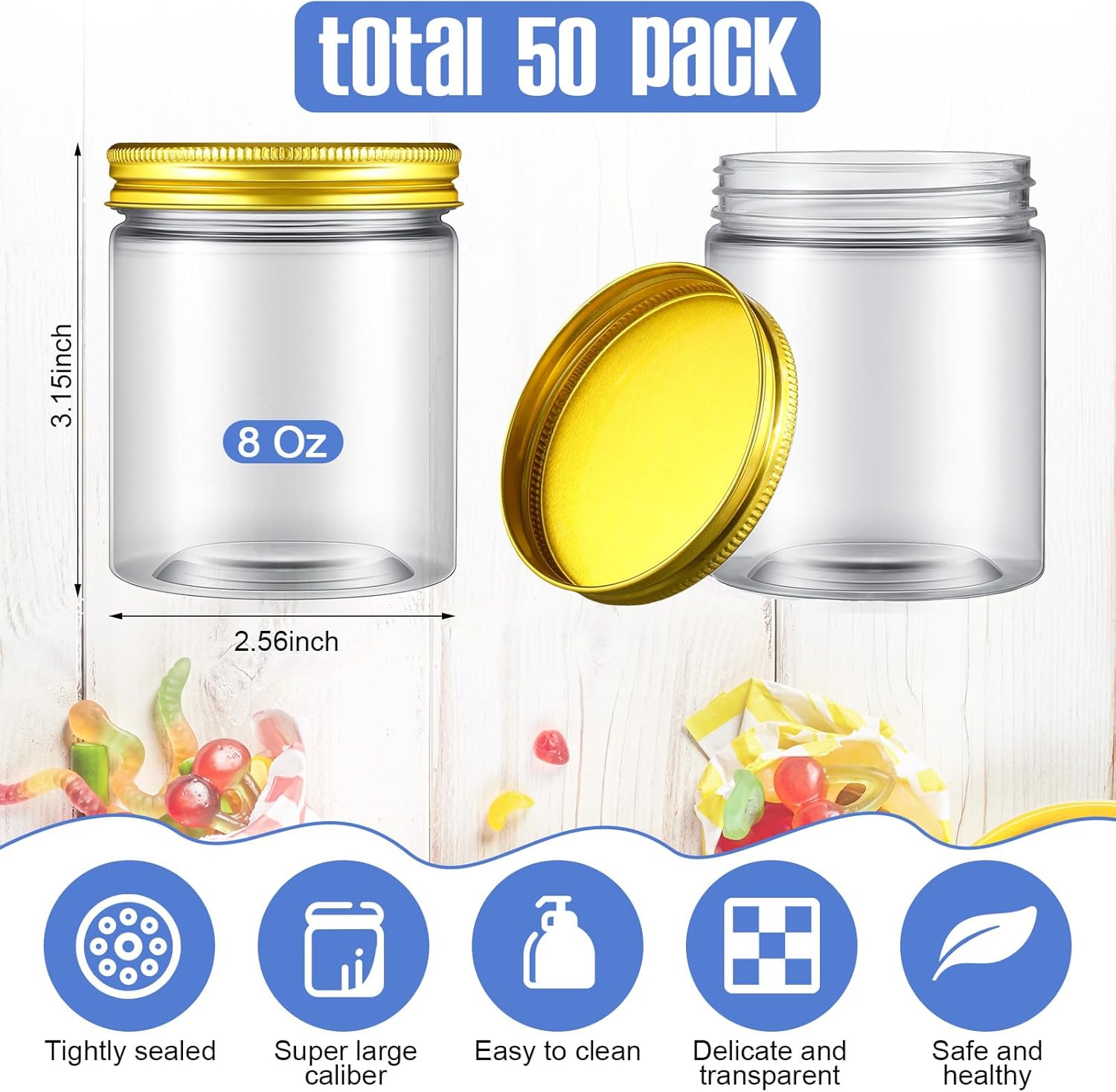 Tanlade 50 Pcs 8 oz Clear Plastic Jars Containers with Screw on Lids Refillable Round Empty Plastic Cosmetics Containers Wide Mouth for Kitchen and Household Storage, 5 Colors