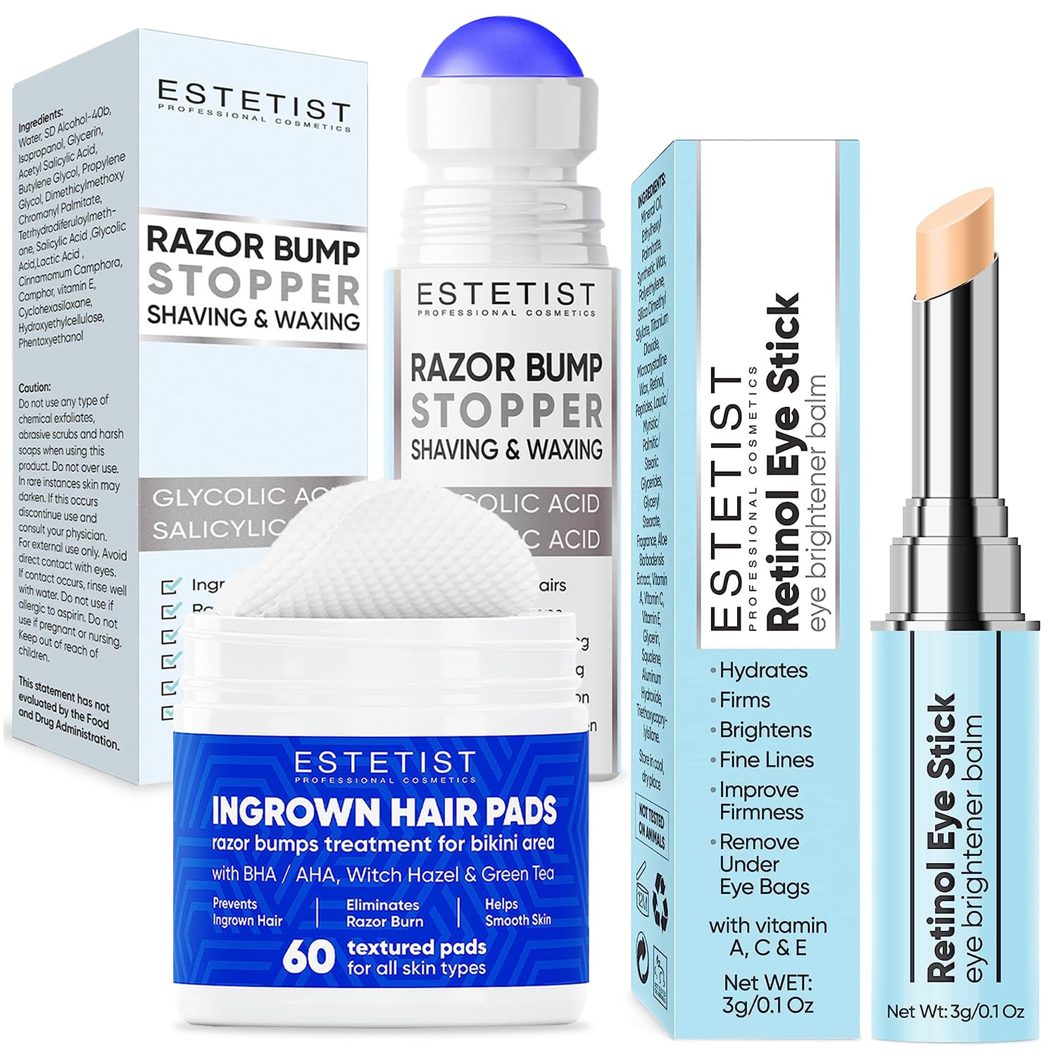 Amazon.com: Ingrown Hair Pads & Retinol Eye Stick Balm & Razor Bump ...