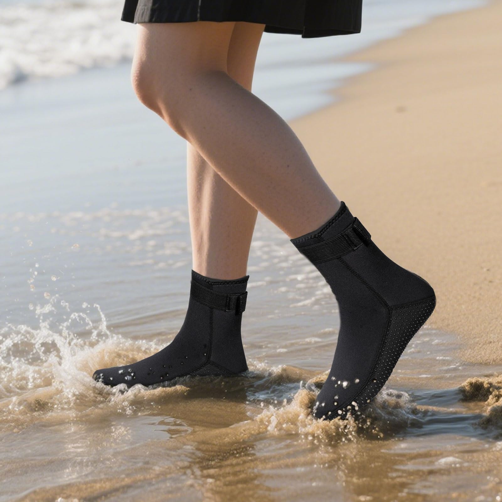 Calzini neri in neoprene da 3 mm, antiscivolo, per sport acquatici, spiaggia, unisex, protezione solare a metà polpaccio, antiscivolo, protezione solare, nuoto, surf, snorkeling, vela