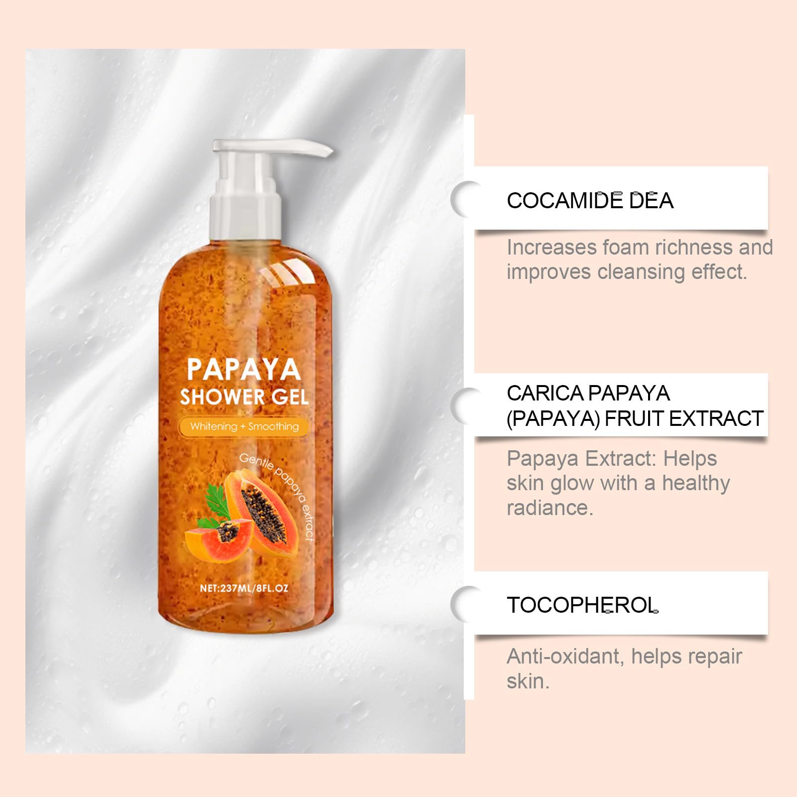 Papaya żel pod prysznic, peelingujący papaja, wygładzający, peelingujący, pielęgnujący i nawilżający, głęboko oczyszczający i rozjaśniający żel pod prysznic dla mężczyzn i kobiet, 237 ml (3)