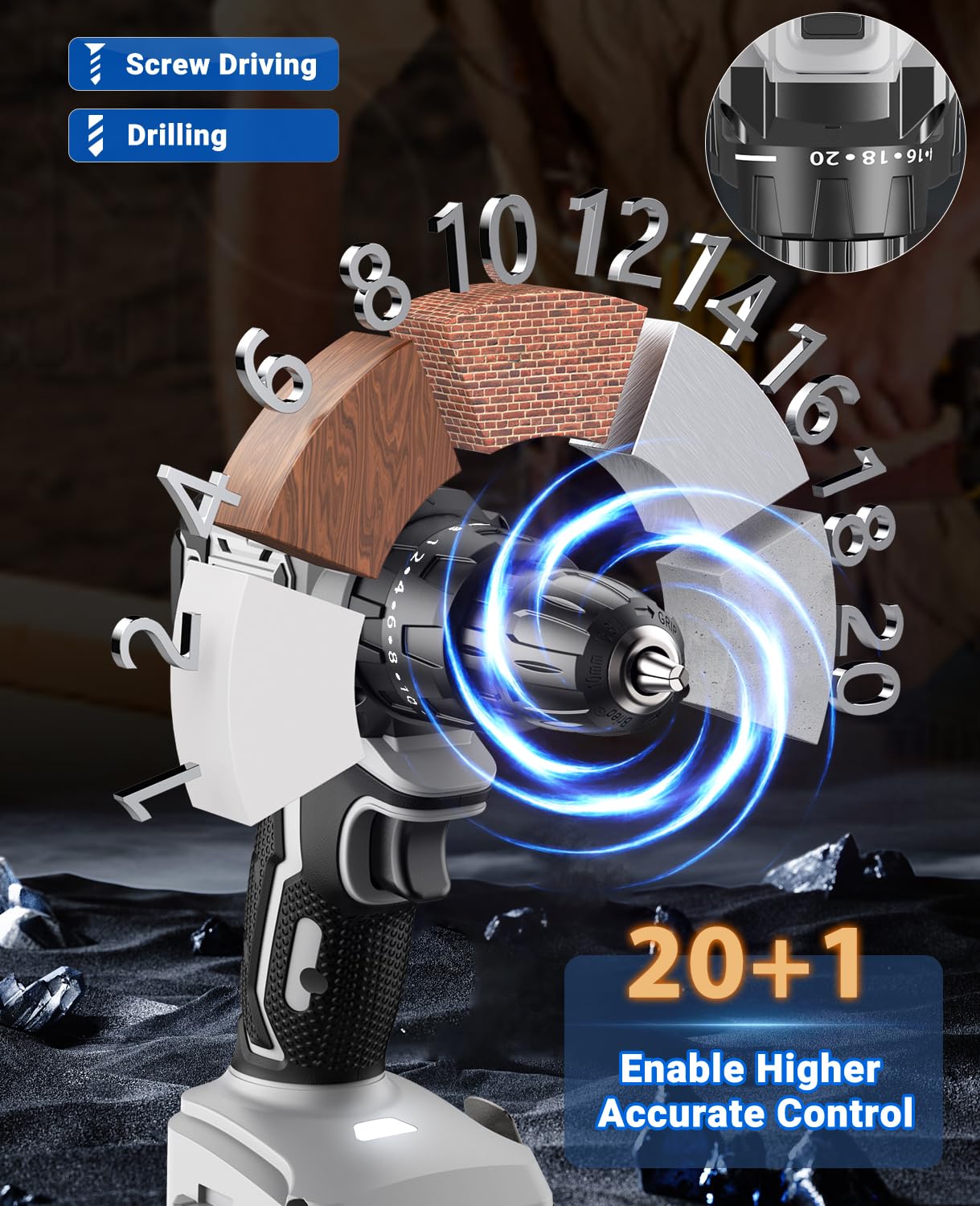 Akkuschrauber Bürstenlos 21V, Akku Bohrschrauber mit 2 Akkus 2.0Ah, 45N.m Akku Bohrmaschine, 2 Gang, 20+1 Drehmomentstufen, LED Licht, 14tlg Zubehöre Set für Garten DIY Projekt, Grau