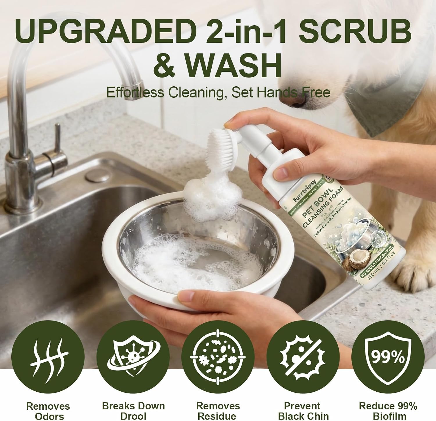 Pet Bowl Cleaner Mousse with Scrub Brush, Enzyme Formula, 5.1 oz | Unscented|Lick Safe|No Residue|Travel-size enzyme wash for dog and cat bowls, fountains, feeders, toys and bird baths
