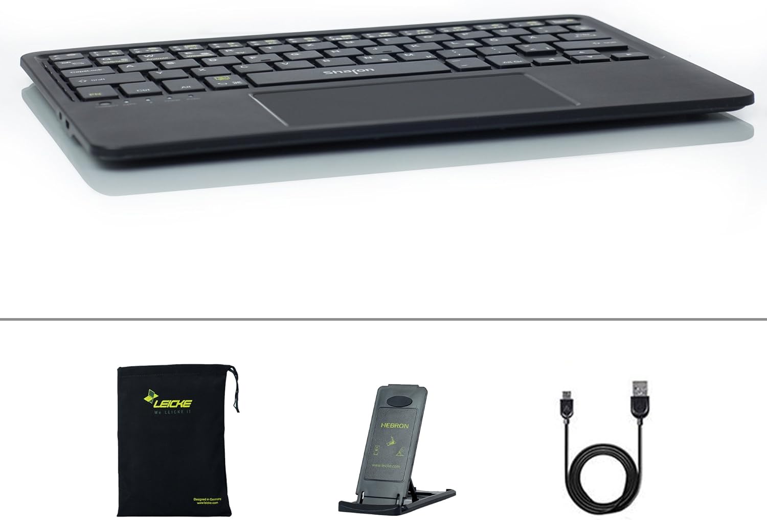 Contents of the Sharon keyboard package: keyboard, USB cable, stand, and protective bag.