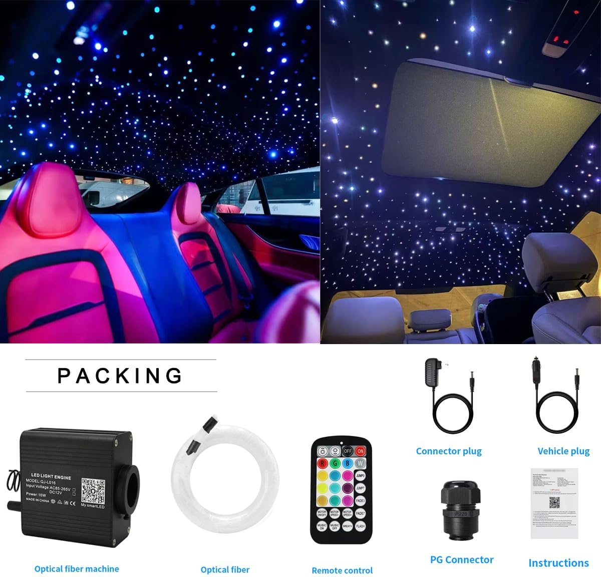 AZIMOM 16W Twinkle & Sound Activate 500pcs*0.03in*9.8ft Fiber Optic Starlight Headliner Kits for Car Home Star Ceiling Sky Decoration, APP& Remote Control Light Engine End Glow Fiber
