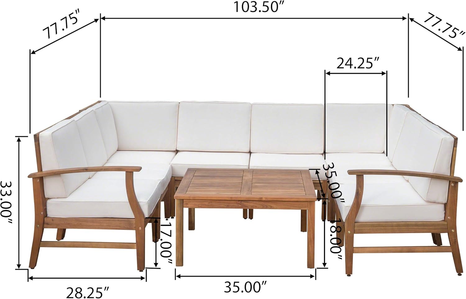 Great Deal Furniture Lorelei Outdoor 8 Seater Teak Finished Acacia Wood Sectional Sofa and Table Set with Cream Water Resistant Cushions,303720