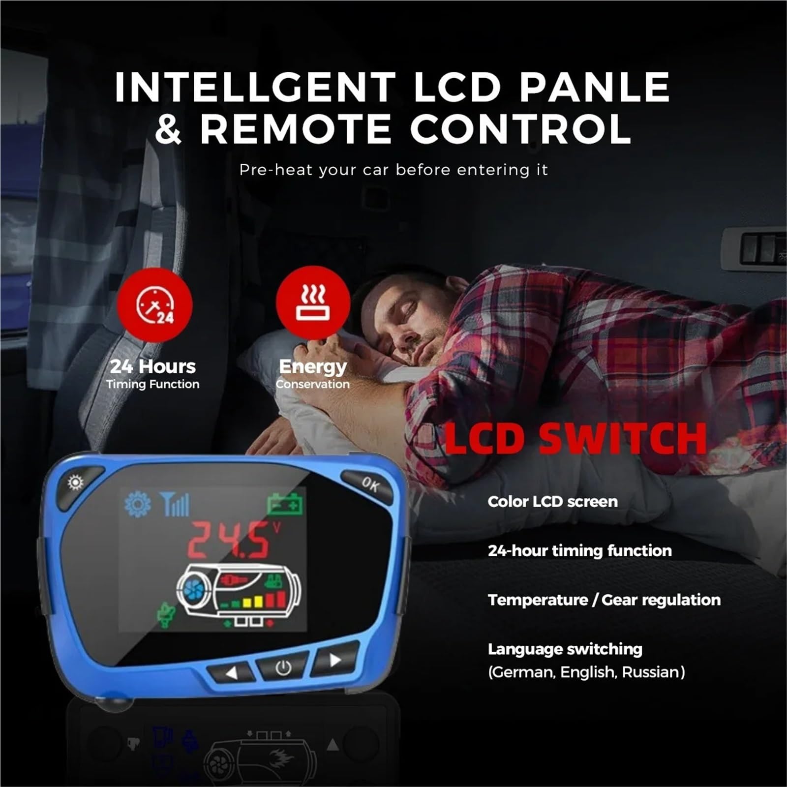 nagrzewnica powietrza Ogrzewacz powietrza na olej napędowy 2 kW 12 V, uniwersalny, parkingowy, autonomiczny, z monitorem LCD, z funkcją transmisji głosu