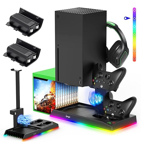 Upgrade Stand for Xbox Series X with Back Cooling Fan& RGB Lights, Charging Station with Controller Charger Dock &Game Storage Rack Organizer&