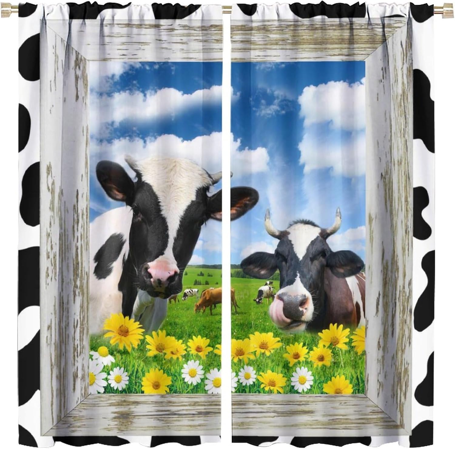 Funny Farm Animal Cow Blackout Curtains for Bedroom, Rustic Old Wooden Boards Cow Florals Daisy Sunflower Room Darkening Window Curtains with Rod Pocket - 2 Panels 45" L x 21" W