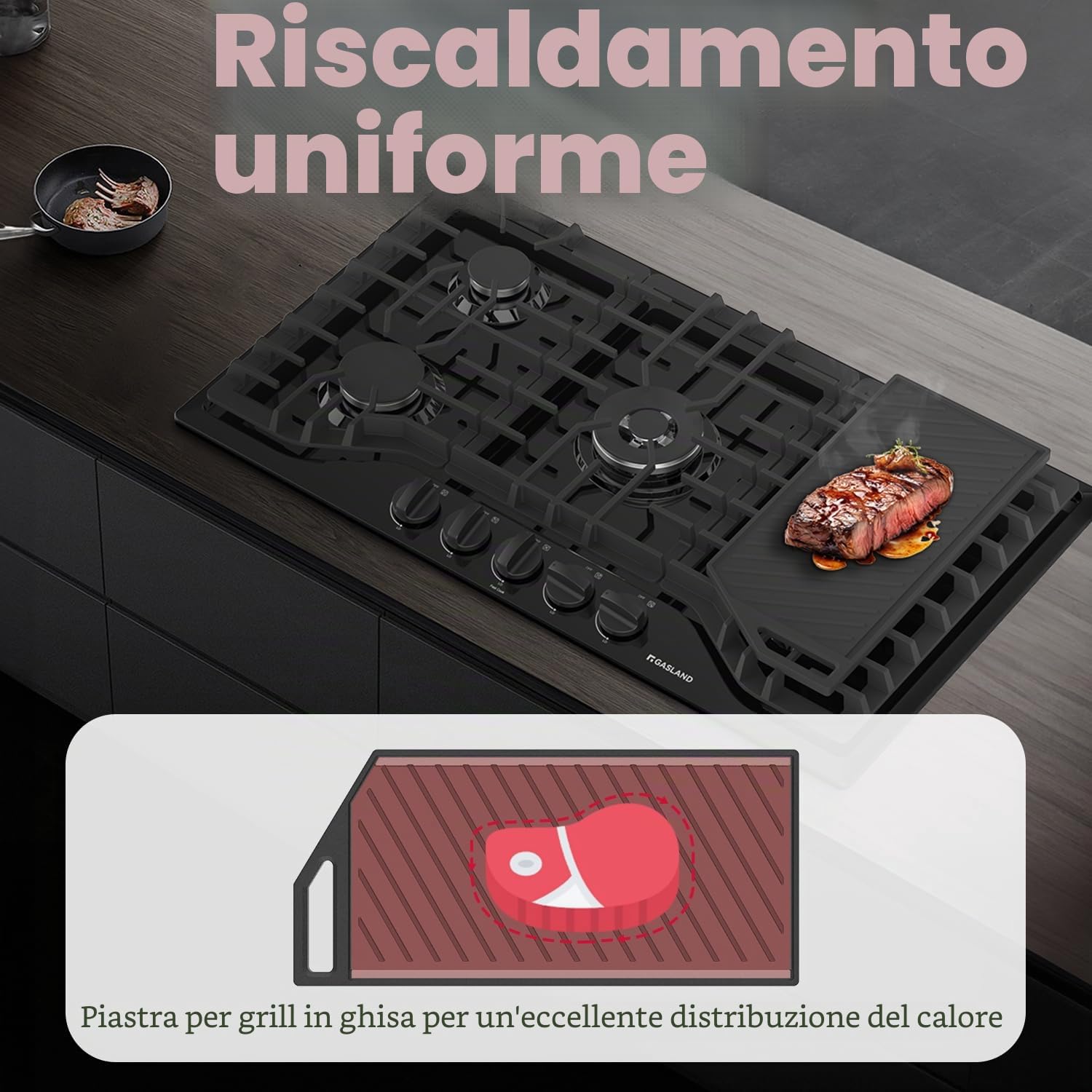 GASLAND GD-S20C Piastra per griglia, padelle per grigliare per piani cottura a gas, ghisa, protezione contro la ruggine, accessorio, teglia per griglia