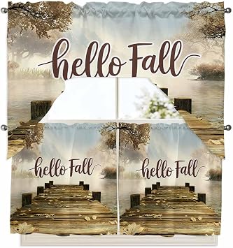 Fall Swag Kitchen Curtains and Valances Set Autumn Lake Forest Swag Curtain Valances and Tier Set Pier Bridge Hello Fall Thanksgiving Curtain Drapes for Kitchen Window Treatment 56"x36"+27.5"x24"