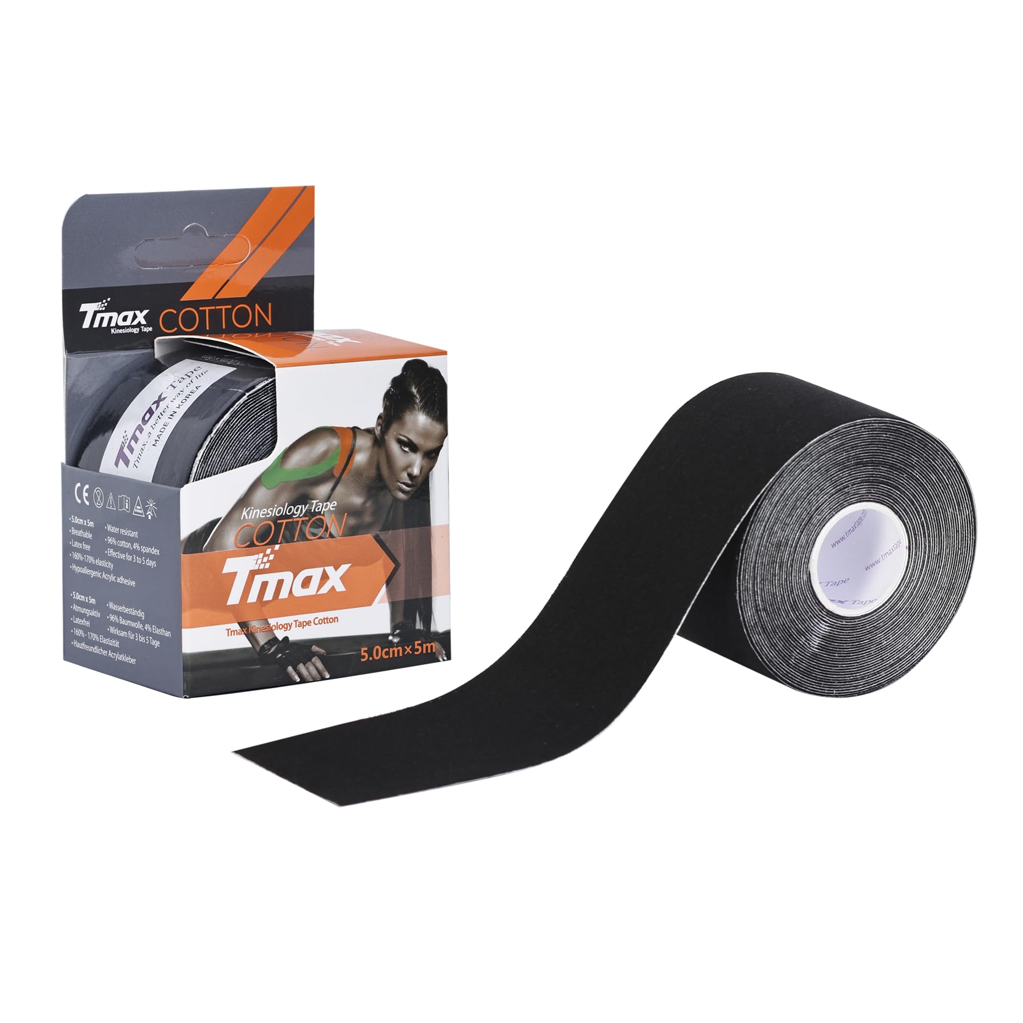 Tmax nastro kinesiologico impermeabile | nastro sportivo per lesioni, supporto muscolare, sollievo dal dolore, supporto articolare e fisioterapia (5 m x 5 cm) (nero)