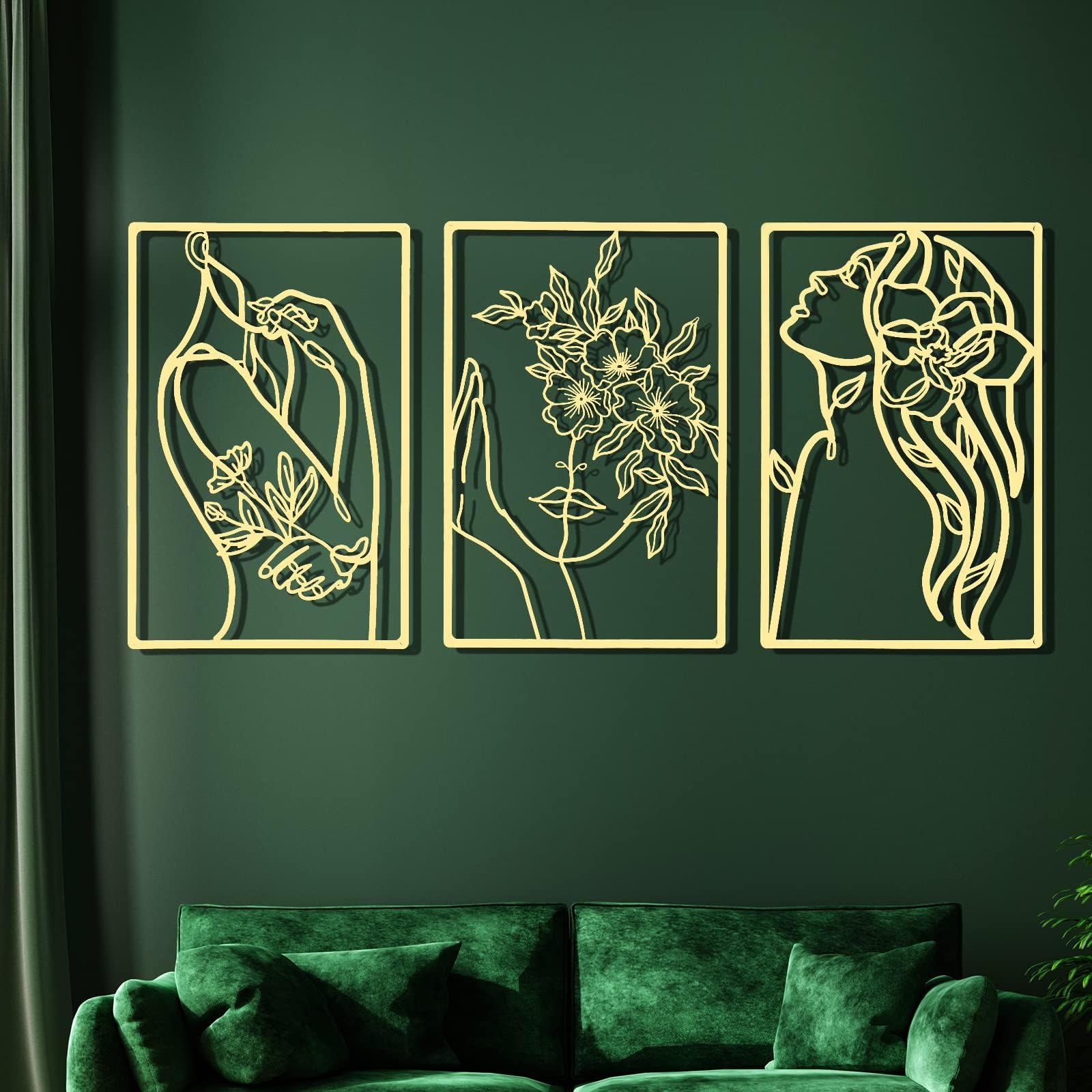 CHENGU 3 Pieces Gold Wall Decor Minimalist Wall Art Metal Line Wall Art Wall Decor for Bedroom Single Line Female for Kitchen Bathroom Living Room(Flower)