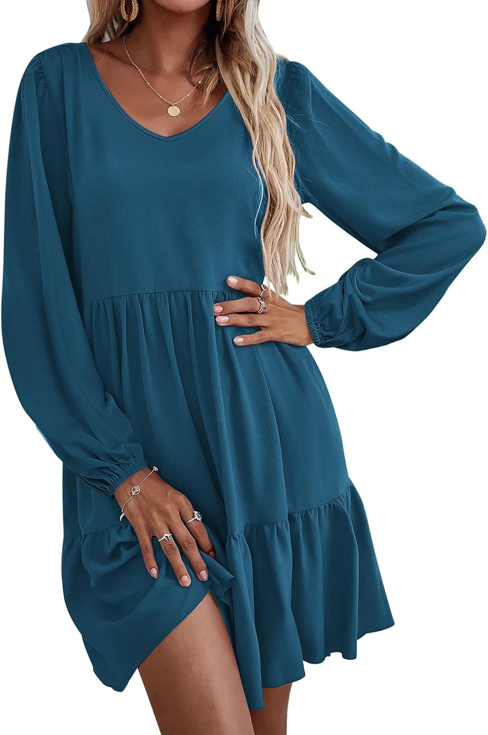 HOTOUCH Womens Casual A Line Dress V Neck Tiered Long Sleeve Fit Swing Dress with Pockets Loose Ruffled Dresses