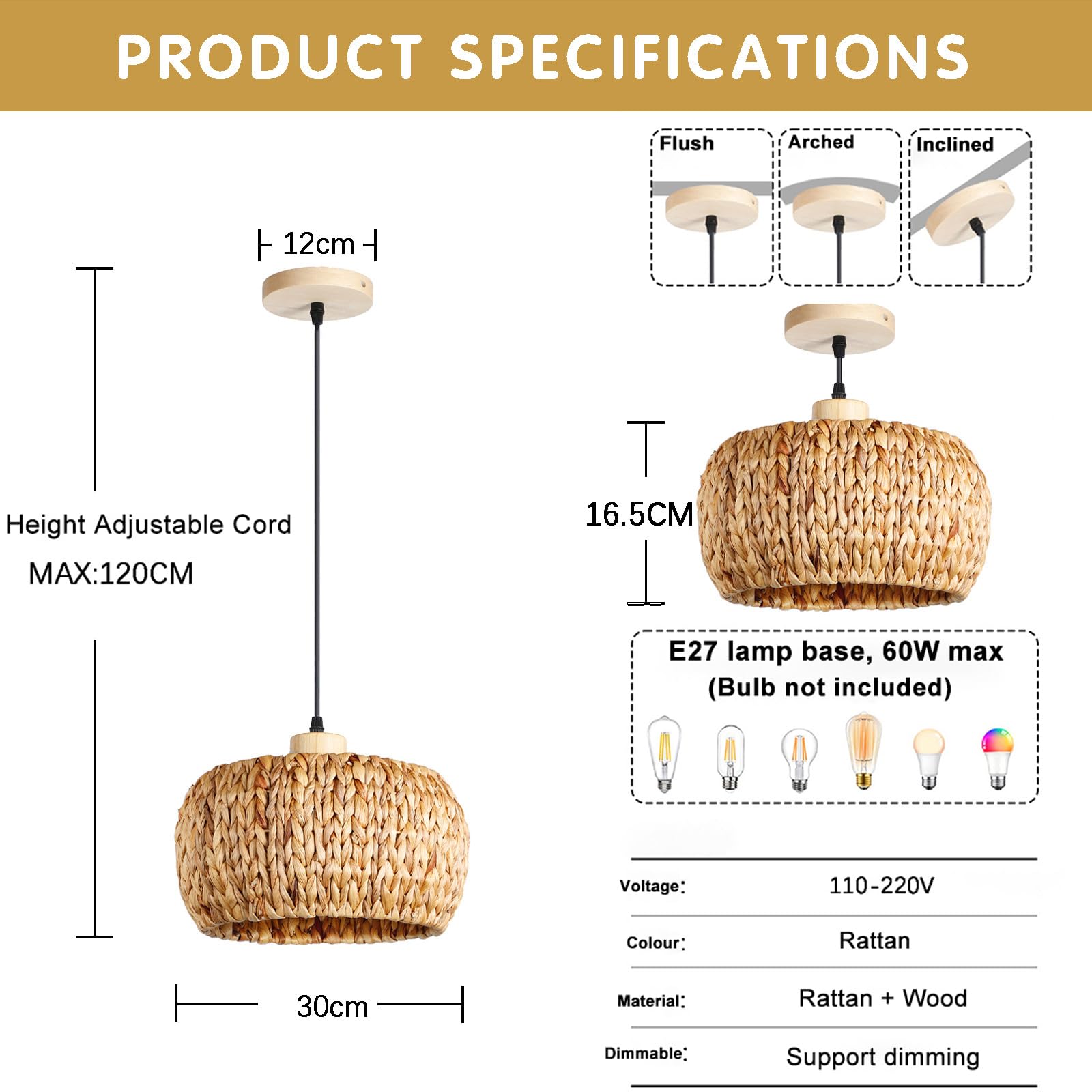 KZT E27 Hängelampe mit Batterie Glühbirnen Vintage Boho Rattan Lampe RGB Pendelleuchte Dimmbar mit Fernbedienung Hängeleuchte Natürlich Bambus und Holz Retro Pendellampe für Schlafzimmer Esszimmer